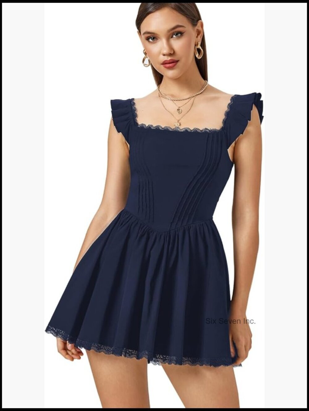 Viscose Blend Mini Corset Dress Square Neck Ruffle Sleeve A-Line Party